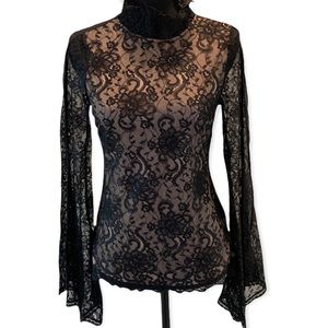 BCBG MAZARIA black lace, high neck, long flowing sleeve blouse, size small